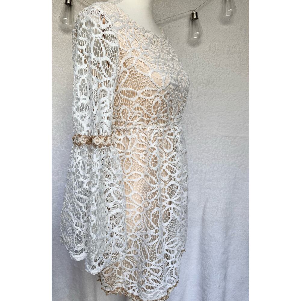 Basically me Cream Floral Lace Flared Sleeves Babydoll Mini Dress Women's M/L - Picture 11 of 12